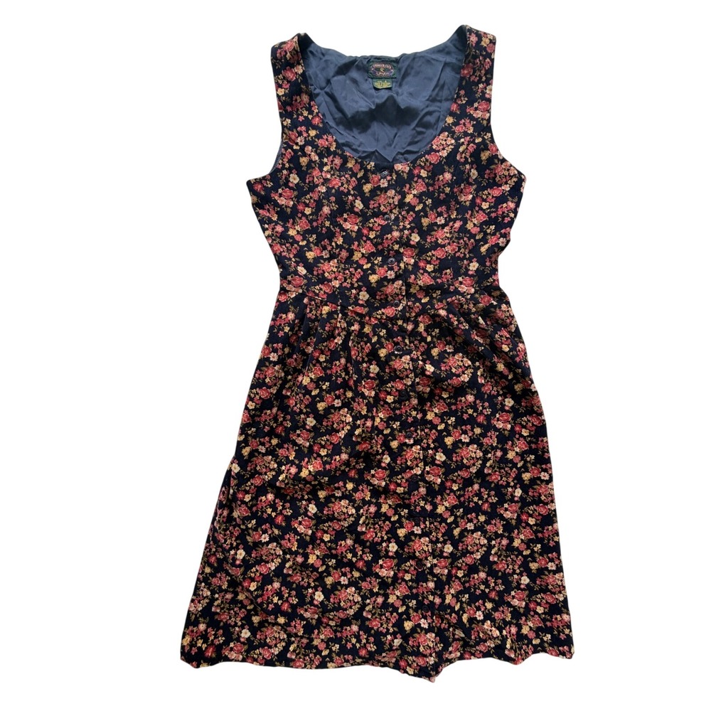 Charter Club Vintage Corduroy Floral Dress Navy Blue Button Front Size 8